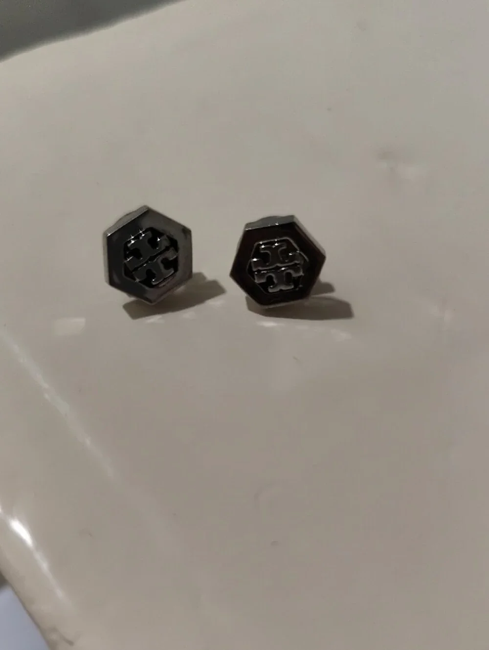 Tory Burch Hexagon Logo Cufflinks in Silver and Rose